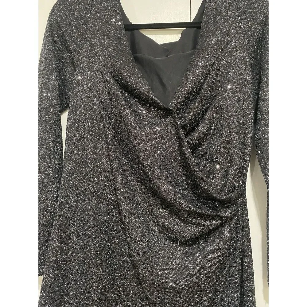 Carmen Marc Valvo Dress Sz 8 Black Silver Beaded Neck Sequin Cocktail Midi - Picture 9 of 12